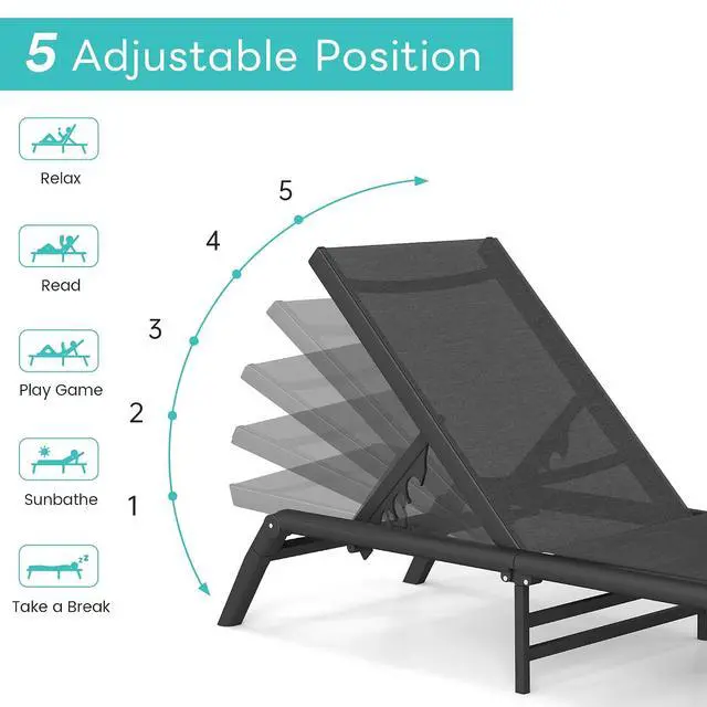 Alt view image 6 of 7 - Murago Outdoor Chaise Lounge Chairs Set of 2, No Assembly Required, 5-Position Adjustable Backrest, Foldable Lightweight Patio Lounge for Poolside, Deck, Lawn & Beach, Dark Grey