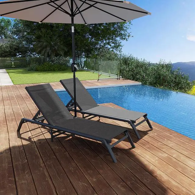 Alt view image 7 of 7 - Murago Outdoor Chaise Lounge Chairs Set of 2, No Assembly Required, 5-Position Adjustable Backrest, Foldable Lightweight Patio Lounge for Poolside, Deck, Lawn & Beach, Dark Grey
