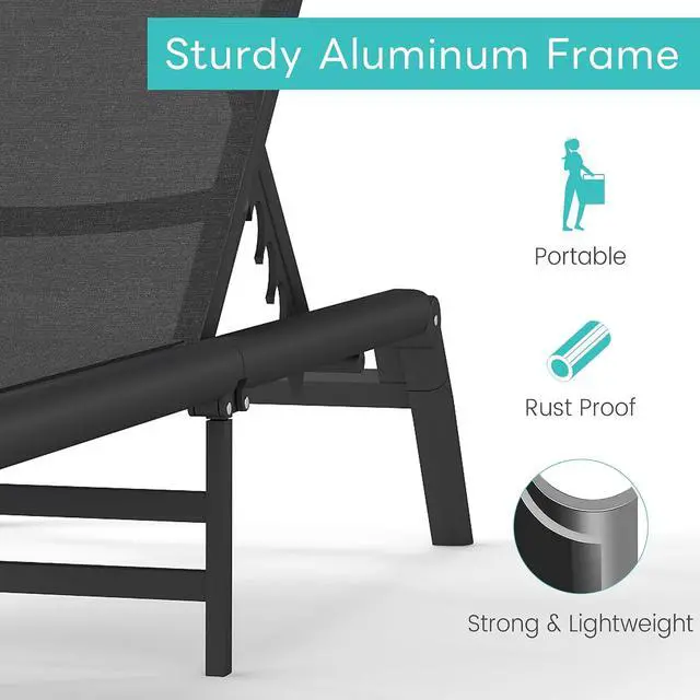 Alt view image 5 of 7 - Murago Outdoor Chaise Lounge Chairs Set of 2, No Assembly Required, 5-Position Adjustable Backrest, Foldable Lightweight Patio Lounge for Poolside, Deck, Lawn & Beach, Dark Grey