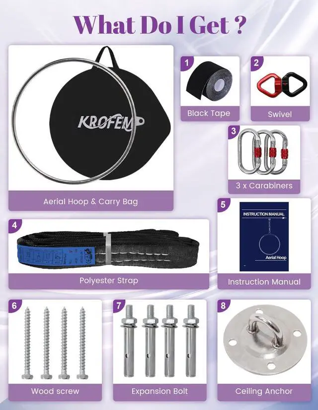 Alt view image 4 of 7 - Murago Aerial Lyra Hoop Kit 90cm, 32mm Thick, Maximum Load 460 LBS, Yoga Equipment Set with Hardware Kit for Yoga Dance, Aerial Fitness