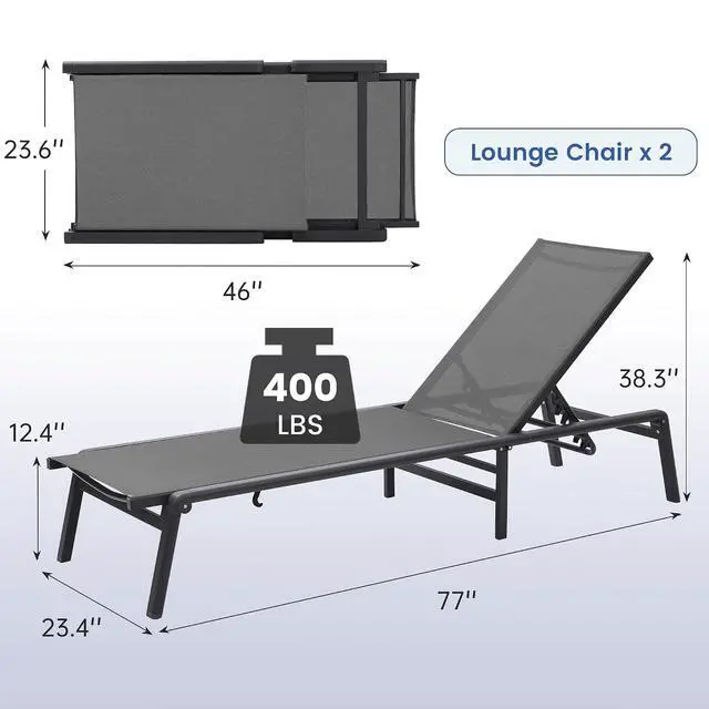 Alt view image 3 of 6 - Murago Outdoor Chaise Lounge Chair Set of 2, Foldable Lightweight Patio Lounge Chair with Assembly-Free, 5-Position Adjustable Backrest, Pool Lounge Chairs for Poolside, Beach, Patio, Lawn, Dark Grey