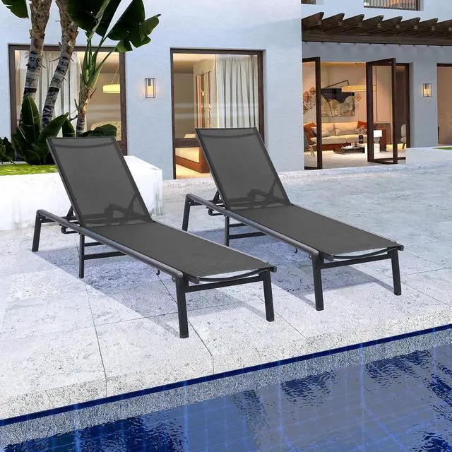 Alt view image 2 of 6 - Murago Outdoor Chaise Lounge Chair Set of 2, Foldable Lightweight Patio Lounge Chair with Assembly-Free, 5-Position Adjustable Backrest, Pool Lounge Chairs for Poolside, Beach, Patio, Lawn, Dark Grey