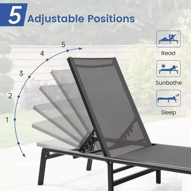 Alt view image 6 of 6 - Murago Outdoor Chaise Lounge Chair Set of 2, Foldable Lightweight Patio Lounge Chair with Assembly-Free, 5-Position Adjustable Backrest, Pool Lounge Chairs for Poolside, Beach, Patio, Lawn, Dark Grey