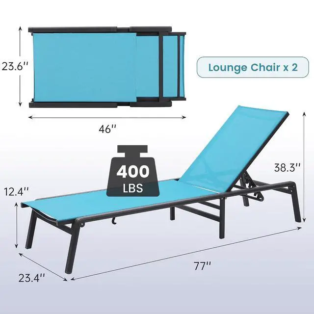 Alt view image 3 of 6 - Murago Outdoor Chaise Lounge Chair Set of 2, Foldable Lightweight Patio Lounge Chair with Assembly-Free, 5-Position Adjustable Backrest, Pool Lounge Chairs for Poolside, Beach, Patio, Lawn, Blue