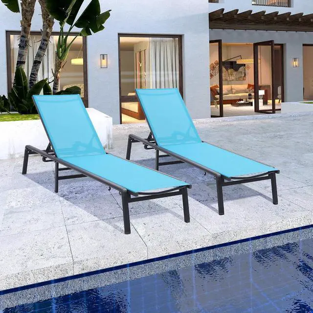 Alt view image 2 of 6 - Murago Outdoor Chaise Lounge Chair Set of 2, Foldable Lightweight Patio Lounge Chair with Assembly-Free, 5-Position Adjustable Backrest, Pool Lounge Chairs for Poolside, Beach, Patio, Lawn, Blue