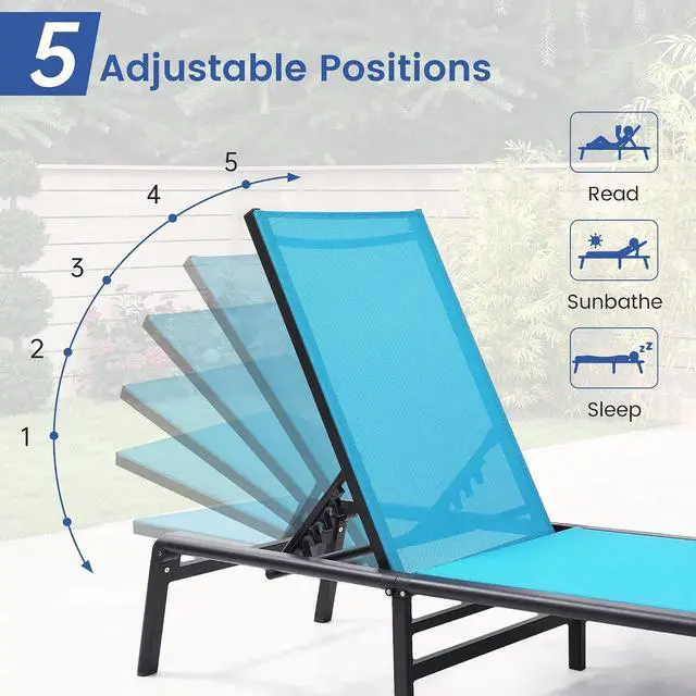 Alt view image 6 of 6 - Murago Outdoor Chaise Lounge Chair Set of 2, Foldable Lightweight Patio Lounge Chair with Assembly-Free, 5-Position Adjustable Backrest, Pool Lounge Chairs for Poolside, Beach, Patio, Lawn, Blue