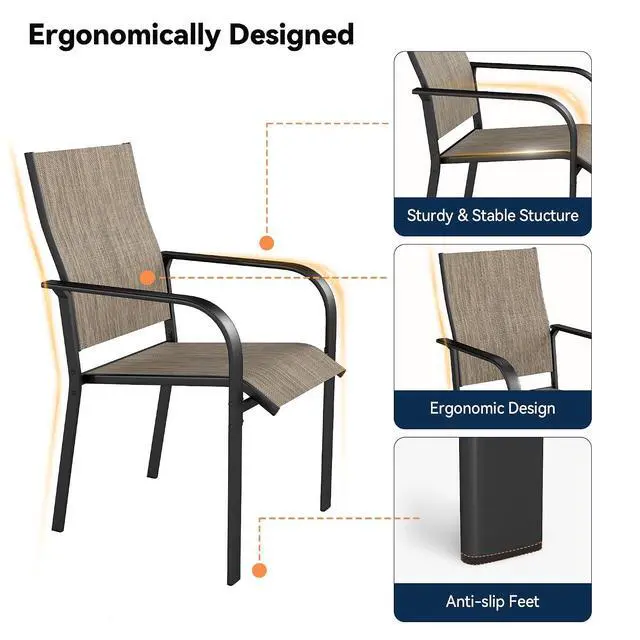 Alt view image 5 of 7 - Murago Patio Chairs Set of 2, Dining Chairs Set of 2, Brown | Breathable Textilene Chair, Weather Resistant Patio Chairs, E-coated Metal Frame, Outdoor Dining Chairs for Lawn, Garden