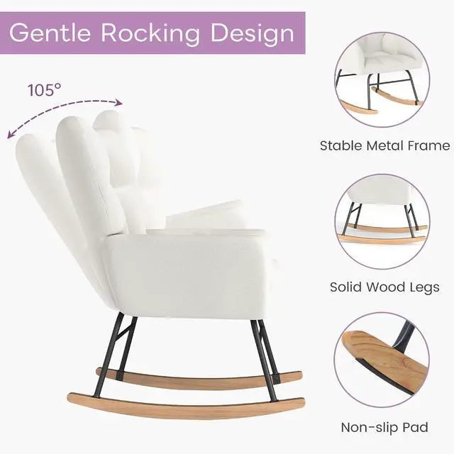 Alt view image 3 of 5 - Murago Rocking Chair Nursery, Nursery Rocking Chairs, Baby Rocker, Glider Rocker, Safety Anti Tip Design, 440 Lb. Capacity, Cotton Fabric Cover, White