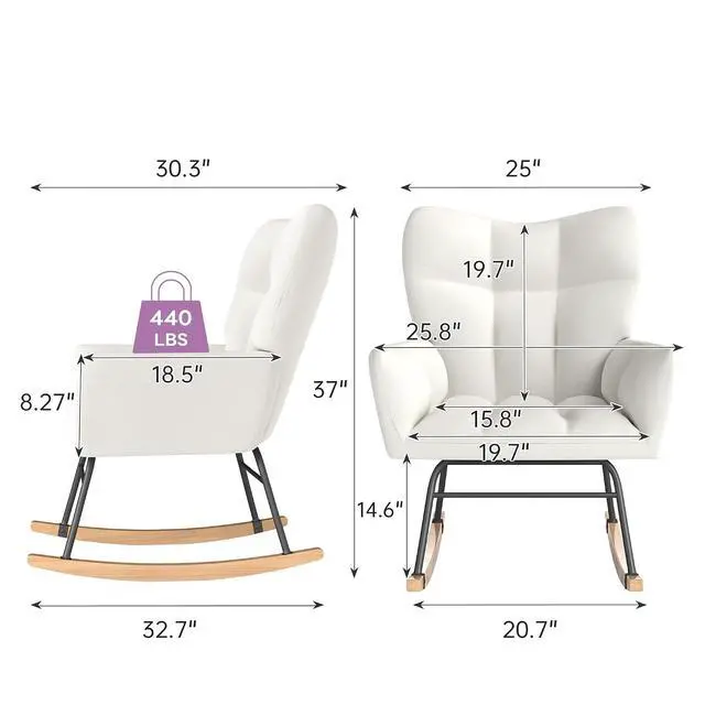 Alt view image 2 of 5 - Murago Rocking Chair Nursery, Nursery Rocking Chairs, Baby Rocker, Glider Rocker, Safety Anti Tip Design, 440 Lb. Capacity, Cotton Fabric Cover, White