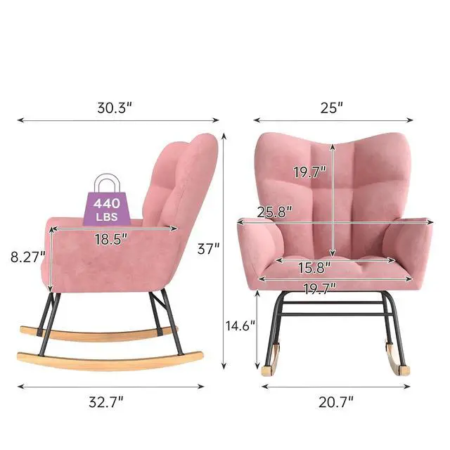 Alt view image 2 of 6 - Murago Rocking Chair Nursery, Nursery Rocking Chairs, Baby Rocker, Glider Rocker, Safety Anti Tip Design, 440 Lb. Capacity, Cotton Fabric Cover, Pink