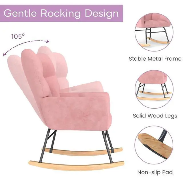 Alt view image 3 of 6 - Murago Rocking Chair Nursery, Nursery Rocking Chairs, Baby Rocker, Glider Rocker, Safety Anti Tip Design, 440 Lb. Capacity, Cotton Fabric Cover, Pink