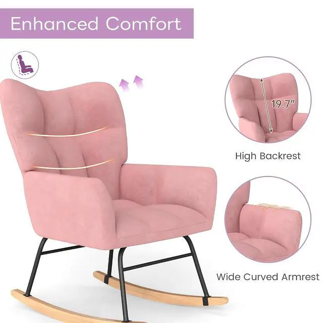 Alt view image 5 of 6 - Murago Rocking Chair Nursery, Nursery Rocking Chairs, Baby Rocker, Glider Rocker, Safety Anti Tip Design, 440 Lb. Capacity, Cotton Fabric Cover, Pink