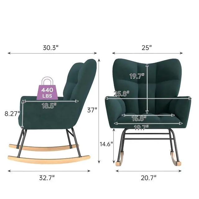 Alt view image 2 of 6 - Murago Rocking Chair Nursery, Nursery Rocking Chairs, Baby Rocker, Glider Rocker, Safety Anti Tip Design, 440 Lb. Capacity, Cotton Fabric Cover, Green