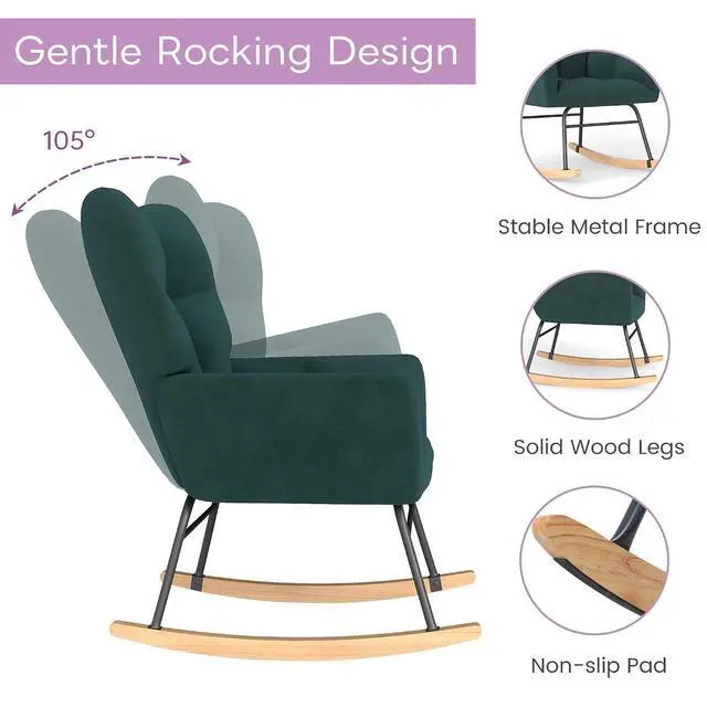 Alt view image 3 of 6 - Murago Rocking Chair Nursery, Nursery Rocking Chairs, Baby Rocker, Glider Rocker, Safety Anti Tip Design, 440 Lb. Capacity, Cotton Fabric Cover, Green