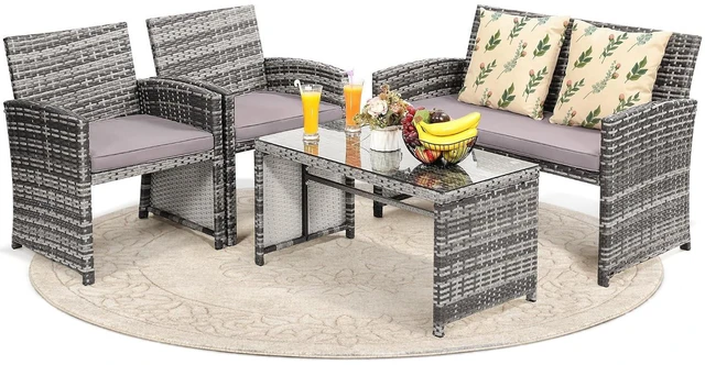Main image of Murago 4 Piece Rattan Patio Furniture Conversation Set, Includes 1 Sofa, 2 Chairs, and Coffee Table, Ideal for Garden, Porch, Backyard, Grey Wicker with Light Grey Overstuffed Cushions
