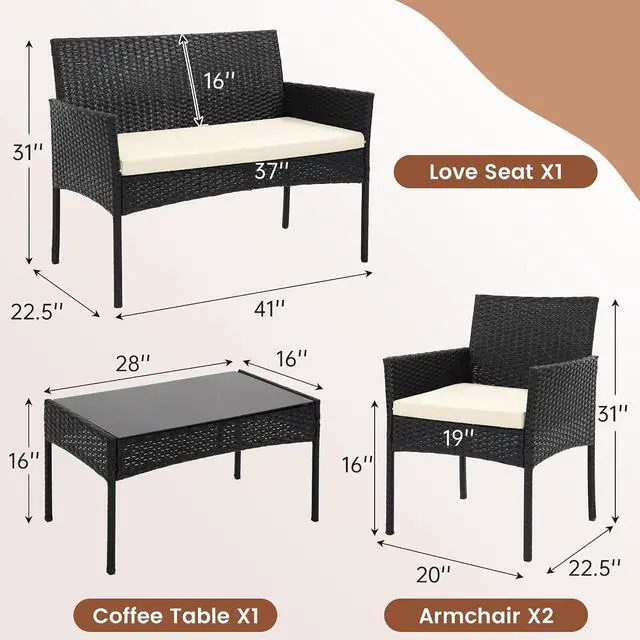 Alt view image 2 of 5 - Murago 4 Piece Patio Wicker Outdoor Furniture Set, Extra Long Rattan Couch with 2 Side Chairs and Glass Top Coffee Table, for Porch, Deck, Balcony, Black Rattan with Beige Cushion