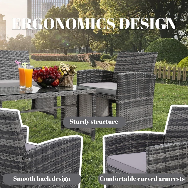 Alt view image 2 of 6 - Murago 4 Piece Rattan Patio Furniture Conversation Set, Includes 1 Sofa, 2 Chairs, and Coffee Table, Ideal for Garden, Porch, Backyard, Grey Wicker with Light Grey Overstuffed Cushions