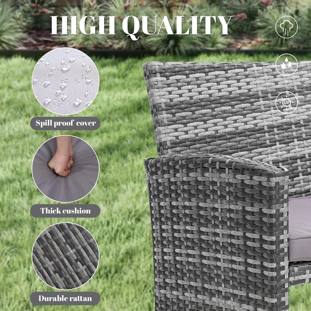 Alt view image 4 of 6 - Murago 4 Piece Rattan Patio Furniture Conversation Set, Includes 1 Sofa, 2 Chairs, and Coffee Table, Ideal for Garden, Porch, Backyard, Grey Wicker with Light Grey Overstuffed Cushions