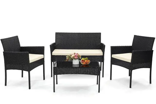 Main image of Murago 4 Piece Patio Wicker Outdoor Furniture Set, Extra Long Rattan Couch with 2 Side Chairs and Glass Top Coffee Table, for Porch, Deck, Balcony, Black Rattan with Beige Cushion