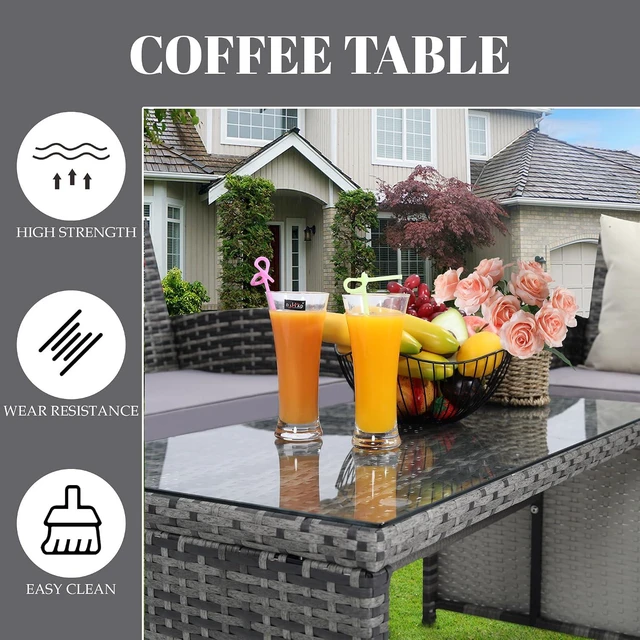 Alt view image 5 of 6 - Murago 4 Piece Rattan Patio Furniture Conversation Set, Includes 1 Sofa, 2 Chairs, and Coffee Table, Ideal for Garden, Porch, Backyard, Grey Wicker with Light Grey Overstuffed Cushions