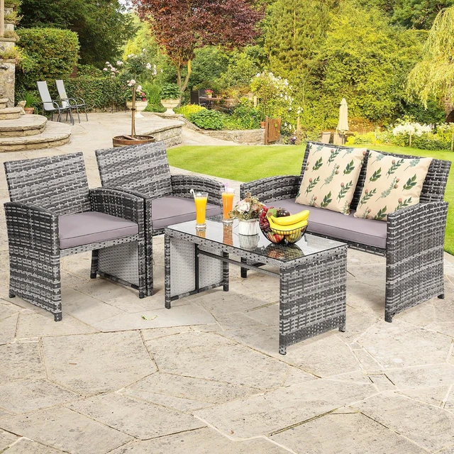 Alt view image 3 of 6 - Murago 4 Piece Rattan Patio Furniture Conversation Set, Includes 1 Sofa, 2 Chairs, and Coffee Table, Ideal for Garden, Porch, Backyard, Grey Wicker with Light Grey Overstuffed Cushions