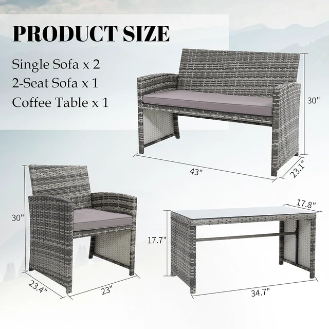 Alt view image 6 of 6 - Murago 4 Piece Rattan Patio Furniture Conversation Set, Includes 1 Sofa, 2 Chairs, and Coffee Table, Ideal for Garden, Porch, Backyard, Grey Wicker with Light Grey Overstuffed Cushions