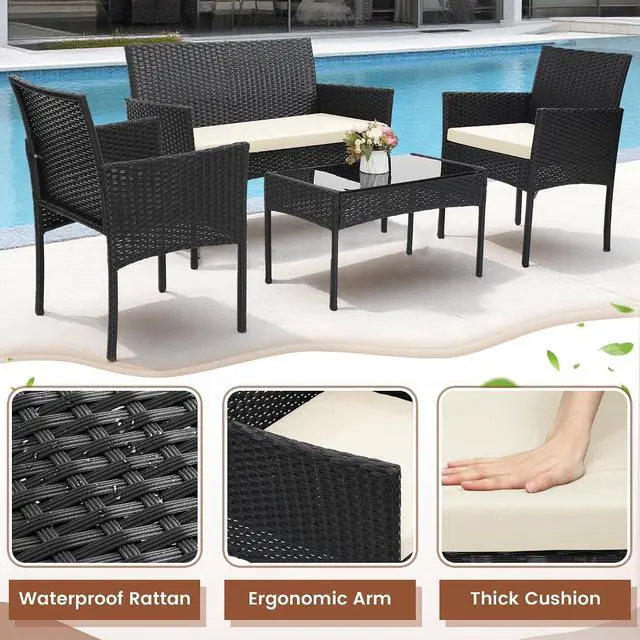 Alt view image 3 of 5 - Murago 4 Piece Patio Wicker Outdoor Furniture Set, Extra Long Rattan Couch with 2 Side Chairs and Glass Top Coffee Table, for Porch, Deck, Balcony, Black Rattan with Beige Cushion