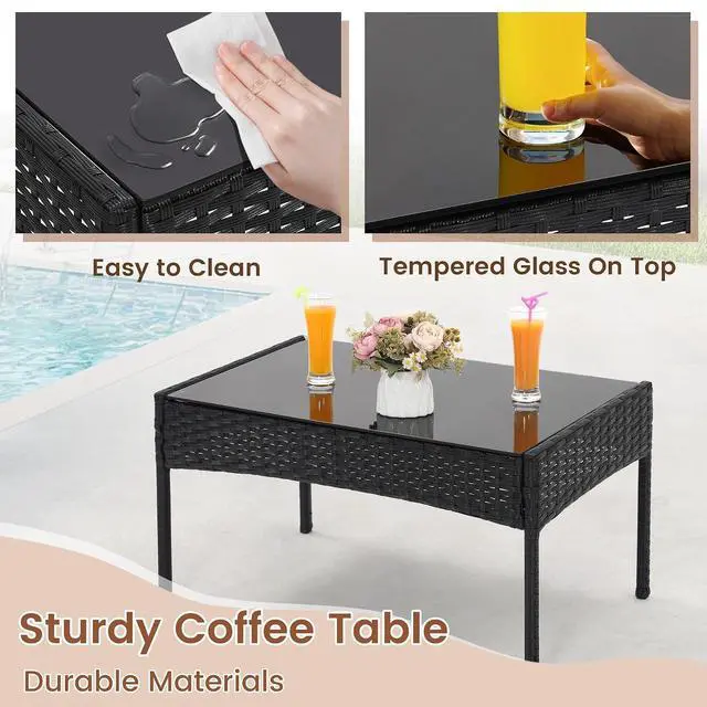 Alt view image 4 of 5 - Murago 4 Piece Patio Wicker Outdoor Furniture Set, Extra Long Rattan Couch with 2 Side Chairs and Glass Top Coffee Table, for Porch, Deck, Balcony, Black Rattan with Beige Cushion
