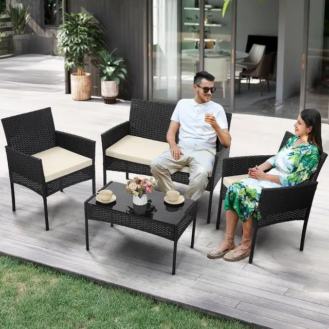 Alt view image 5 of 5 - Murago 4 Piece Patio Wicker Outdoor Furniture Set, Extra Long Rattan Couch with 2 Side Chairs and Glass Top Coffee Table, for Porch, Deck, Balcony, Black Rattan with Beige Cushion