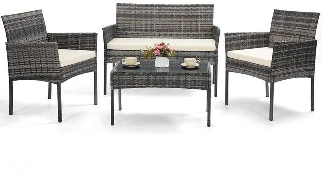 Main image of Murago 4 Piece Patio Wicker Outdoor Furniture Set, Extra Long Rattan Couch with 2 Side Chairs and Glass Top Coffee Table, for Porch, Deck, Balcony, Grey Rattan with Beige Cushion
