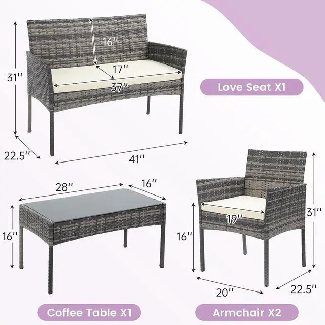 Alt view image 2 of 5 - Murago 4 Piece Patio Wicker Outdoor Furniture Set, Extra Long Rattan Couch with 2 Side Chairs and Glass Top Coffee Table, for Porch, Deck, Balcony, Grey Rattan with Beige Cushion