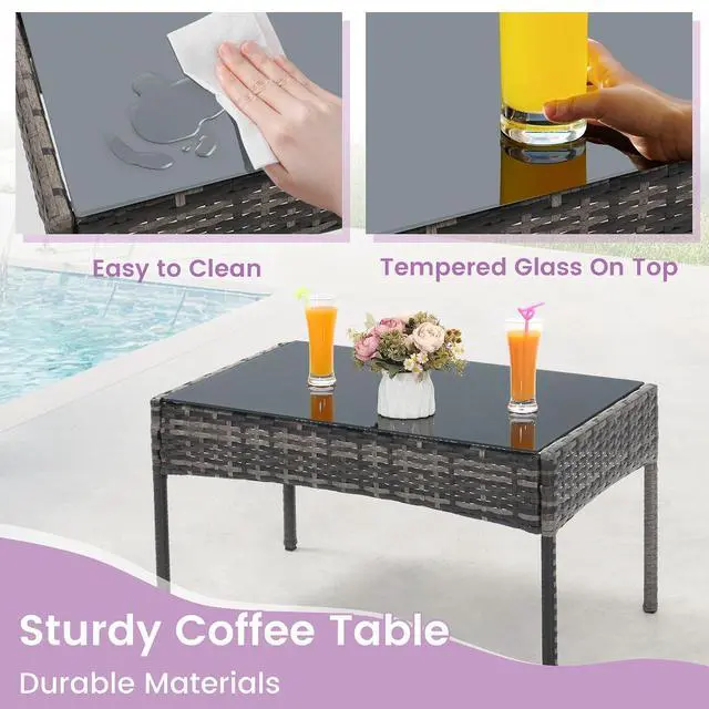 Alt view image 4 of 5 - Murago 4 Piece Patio Wicker Outdoor Furniture Set, Extra Long Rattan Couch with 2 Side Chairs and Glass Top Coffee Table, for Porch, Deck, Balcony, Grey Rattan with Beige Cushion