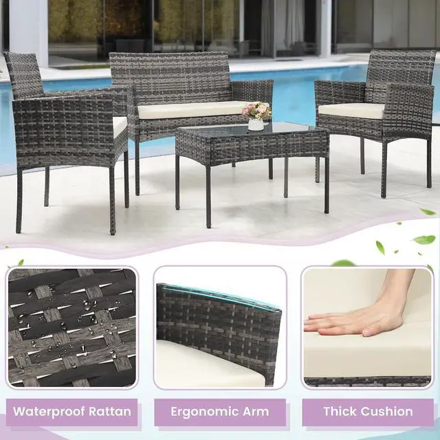 Alt view image 3 of 5 - Murago 4 Piece Patio Wicker Outdoor Furniture Set, Extra Long Rattan Couch with 2 Side Chairs and Glass Top Coffee Table, for Porch, Deck, Balcony, Grey Rattan with Beige Cushion