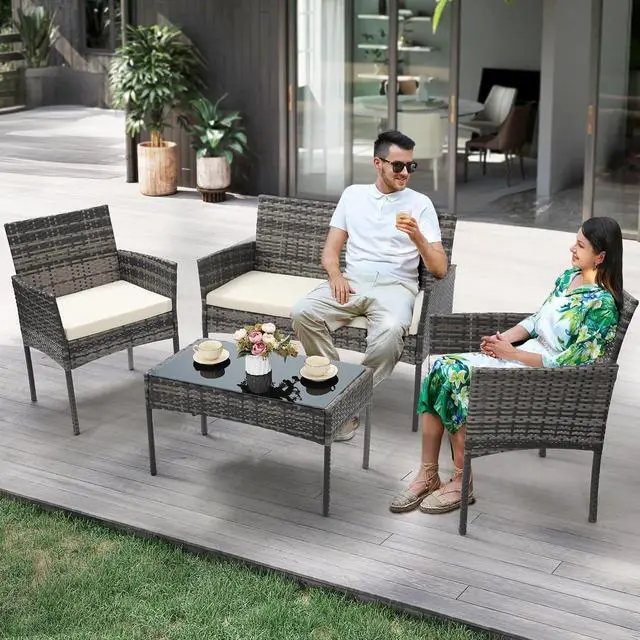 Alt view image 5 of 5 - Murago 4 Piece Patio Wicker Outdoor Furniture Set, Extra Long Rattan Couch with 2 Side Chairs and Glass Top Coffee Table, for Porch, Deck, Balcony, Grey Rattan with Beige Cushion