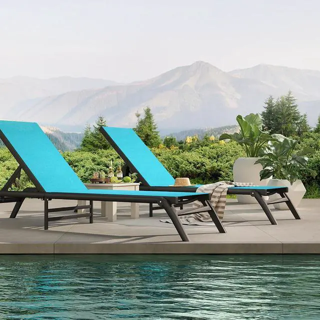Alt view image 2 of 7 - Murago Pool Lounge Chairs Set of 2, No Assembly Foldable Lightweight Patio Lounge Chair, 5-Position Adjustable Backrest, Outdoor Chaise Lounge Chairs for Poolside, Beach, Patio, Lawn, Blue