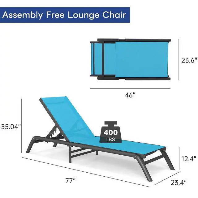 Alt view image 3 of 7 - Murago Pool Lounge Chairs Set of 2, No Assembly Foldable Lightweight Patio Lounge Chair, 5-Position Adjustable Backrest, Outdoor Chaise Lounge Chairs for Poolside, Beach, Patio, Lawn, Blue