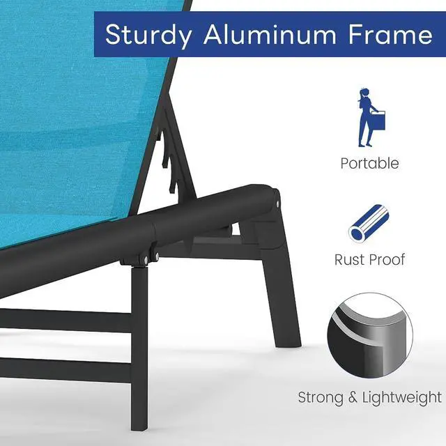 Alt view image 5 of 7 - Murago Pool Lounge Chairs Set of 2, No Assembly Foldable Lightweight Patio Lounge Chair, 5-Position Adjustable Backrest, Outdoor Chaise Lounge Chairs for Poolside, Beach, Patio, Lawn, Blue
