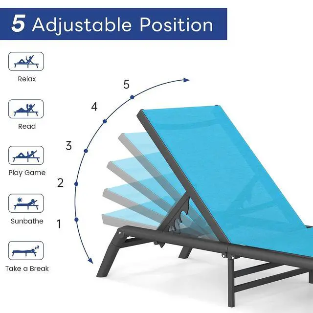 Alt view image 6 of 7 - Murago Pool Lounge Chairs Set of 2, No Assembly Foldable Lightweight Patio Lounge Chair, 5-Position Adjustable Backrest, Outdoor Chaise Lounge Chairs for Poolside, Beach, Patio, Lawn, Blue