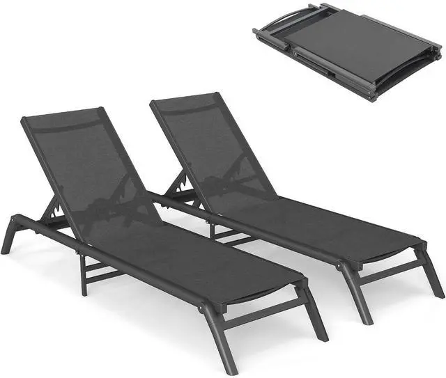 Main image of Murago Pool Lounge Chairs Set of 2, No Assembly Foldable Lightweight Patio Lounge Chair, 5-Position Adjustable Backrest, Outdoor Chaise Lounge Chairs for Poolside, Beach, Patio, Lawn, Dark Grey