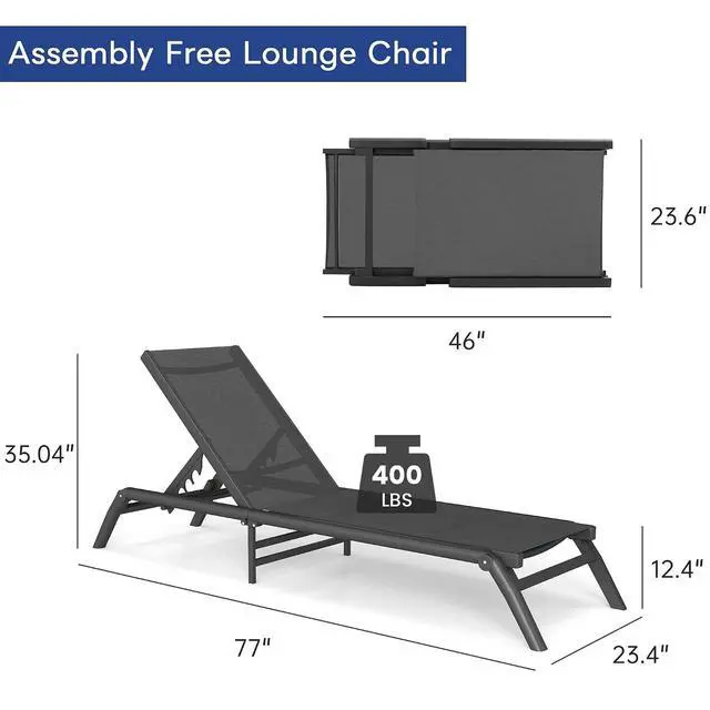 Alt view image 3 of 7 - Murago Pool Lounge Chairs Set of 2, No Assembly Foldable Lightweight Patio Lounge Chair, 5-Position Adjustable Backrest, Outdoor Chaise Lounge Chairs for Poolside, Beach, Patio, Lawn, Dark Grey