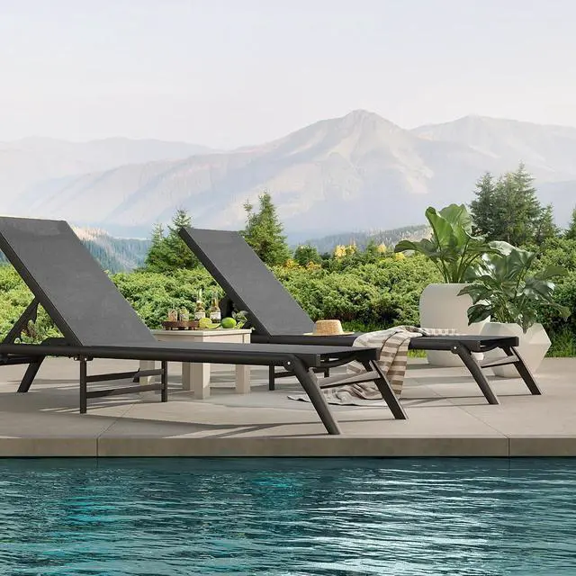 Alt view image 2 of 7 - Murago Pool Lounge Chairs Set of 2, No Assembly Foldable Lightweight Patio Lounge Chair, 5-Position Adjustable Backrest, Outdoor Chaise Lounge Chairs for Poolside, Beach, Patio, Lawn, Dark Grey
