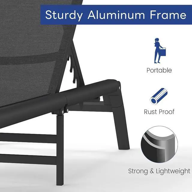 Alt view image 5 of 7 - Murago Pool Lounge Chairs Set of 2, No Assembly Foldable Lightweight Patio Lounge Chair, 5-Position Adjustable Backrest, Outdoor Chaise Lounge Chairs for Poolside, Beach, Patio, Lawn, Dark Grey