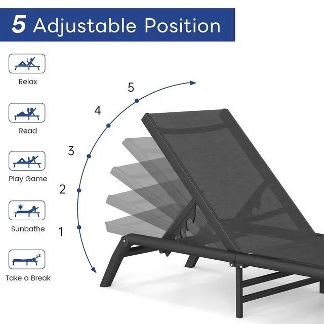 Alt view image 6 of 7 - Murago Pool Lounge Chairs Set of 2, No Assembly Foldable Lightweight Patio Lounge Chair, 5-Position Adjustable Backrest, Outdoor Chaise Lounge Chairs for Poolside, Beach, Patio, Lawn, Dark Grey