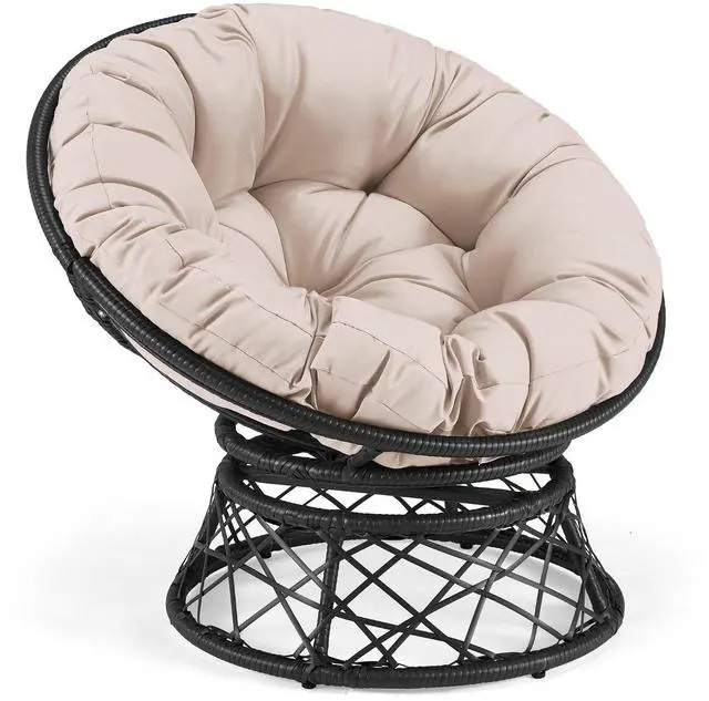 Main image of Murago 40" Wicker Papasan Chair,Black Frame with Beige Cushion | Round Circle Chair, Water Resistant Cover, Ideal for Living Room, Bedroom, Porch, Balcony, or Patio, Thick Cushion