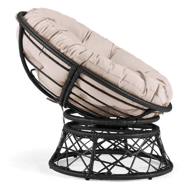 Alt view image 2 of 7 - Murago 40" Wicker Papasan Chair,Black Frame with Beige Cushion | Round Circle Chair, Water Resistant Cover, Ideal for Living Room, Bedroom, Porch, Balcony, or Patio, Thick Cushion