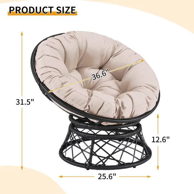 Alt view image 3 of 7 - Murago 40" Wicker Papasan Chair,Black Frame with Beige Cushion | Round Circle Chair, Water Resistant Cover, Ideal for Living Room, Bedroom, Porch, Balcony, or Patio, Thick Cushion