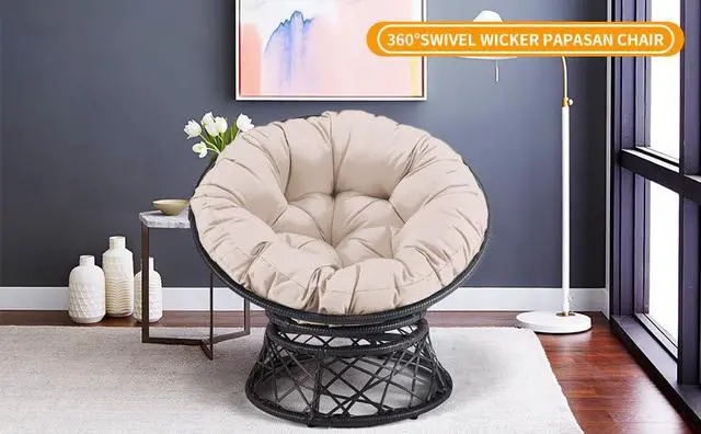 Alt view image 7 of 7 - Murago 40" Wicker Papasan Chair,Black Frame with Beige Cushion | Round Circle Chair, Water Resistant Cover, Ideal for Living Room, Bedroom, Porch, Balcony, or Patio, Thick Cushion