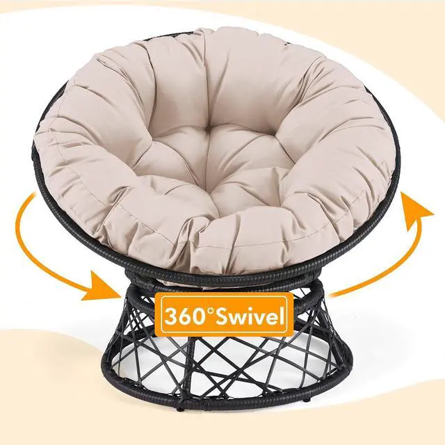 Alt view image 4 of 7 - Murago 40" Wicker Papasan Chair,Black Frame with Beige Cushion | Round Circle Chair, Water Resistant Cover, Ideal for Living Room, Bedroom, Porch, Balcony, or Patio, Thick Cushion