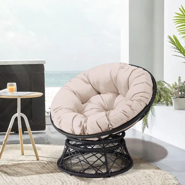 Alt view image 6 of 7 - Murago 40" Wicker Papasan Chair,Black Frame with Beige Cushion | Round Circle Chair, Water Resistant Cover, Ideal for Living Room, Bedroom, Porch, Balcony, or Patio, Thick Cushion