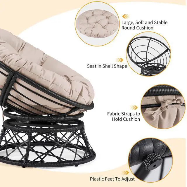 Alt view image 5 of 7 - Murago 40" Wicker Papasan Chair,Black Frame with Beige Cushion | Round Circle Chair, Water Resistant Cover, Ideal for Living Room, Bedroom, Porch, Balcony, or Patio, Thick Cushion